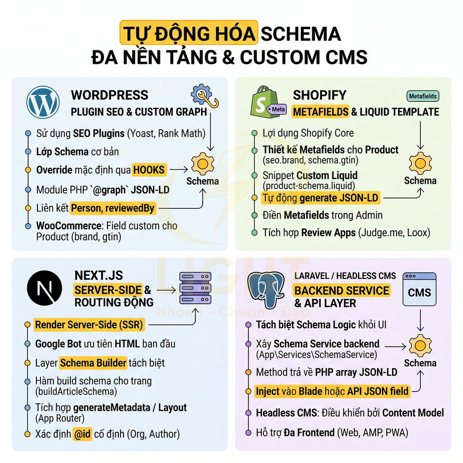 Sơ đồ tự động hóa schema đa nền tảng cho WordPress, Shopify, Next.js và Laravel Headless CMS