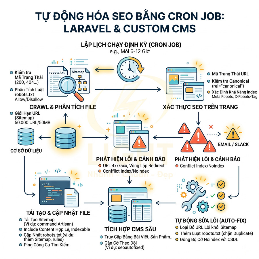 Sơ đồ quy trình tự động hóa SEO bằng cron job cho website Laravel và custom CMS