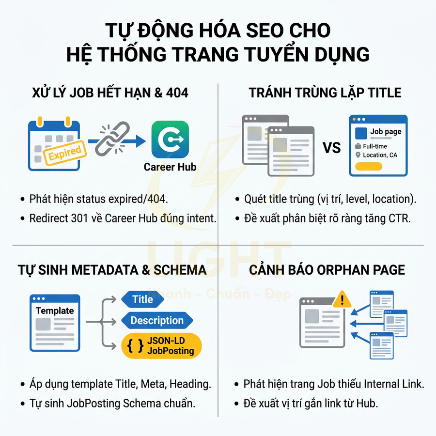 Giải pháp tự động hóa SEO cho hệ thống trang tuyển dụng với xử lý job hết hạn, tránh trùng lặp title và cảnh báo orphan page