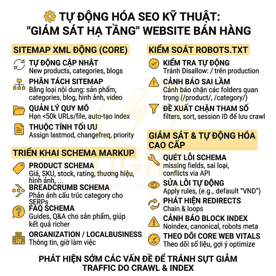 Infographic tự động hóa SEO kỹ thuật giám sát hạ tầng website bán hàng với sitemap, schema, robots.txt, giám sát lỗi