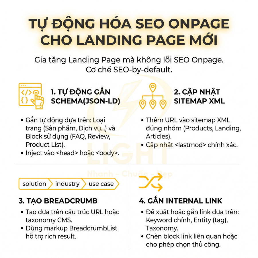 Tự động hóa SEO onpage cho landing page mới với schema JSON LD, sitemap XML, breadcrumb và internal link