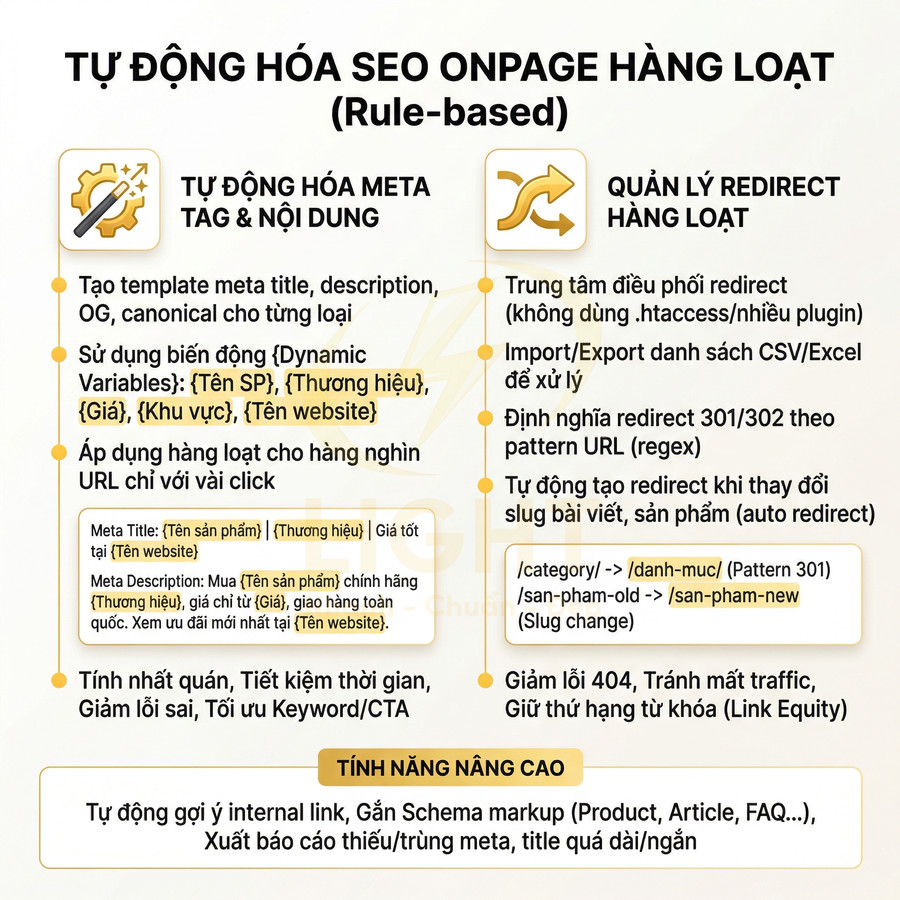 Giải pháp tự động hóa SEO onpage hàng loạt, quản lý meta tag, nội dung và redirect 301 cho website