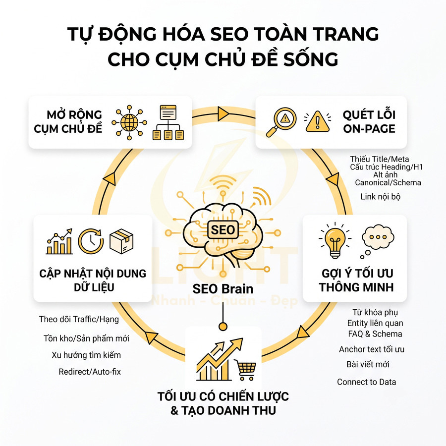 Mô hình SEO Brain tự động hóa SEO onpage, mở rộng cụm chủ đề và tối ưu chiến lược tăng doanh thu