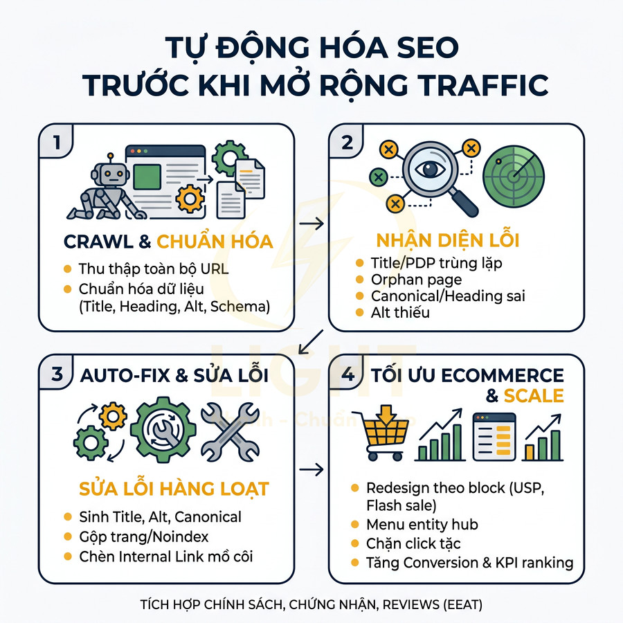 Quy trình tự động hóa SEO trước khi mở rộng traffic với 4 bước crawl, sửa lỗi và tối ưu ecommerce