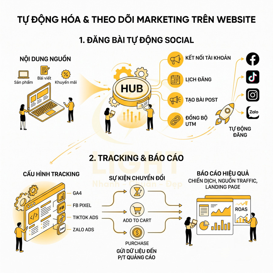 Giải pháp tự động hóa đăng bài social và tracking báo cáo marketing website với hub kết nối Facebook TikTok Zalo