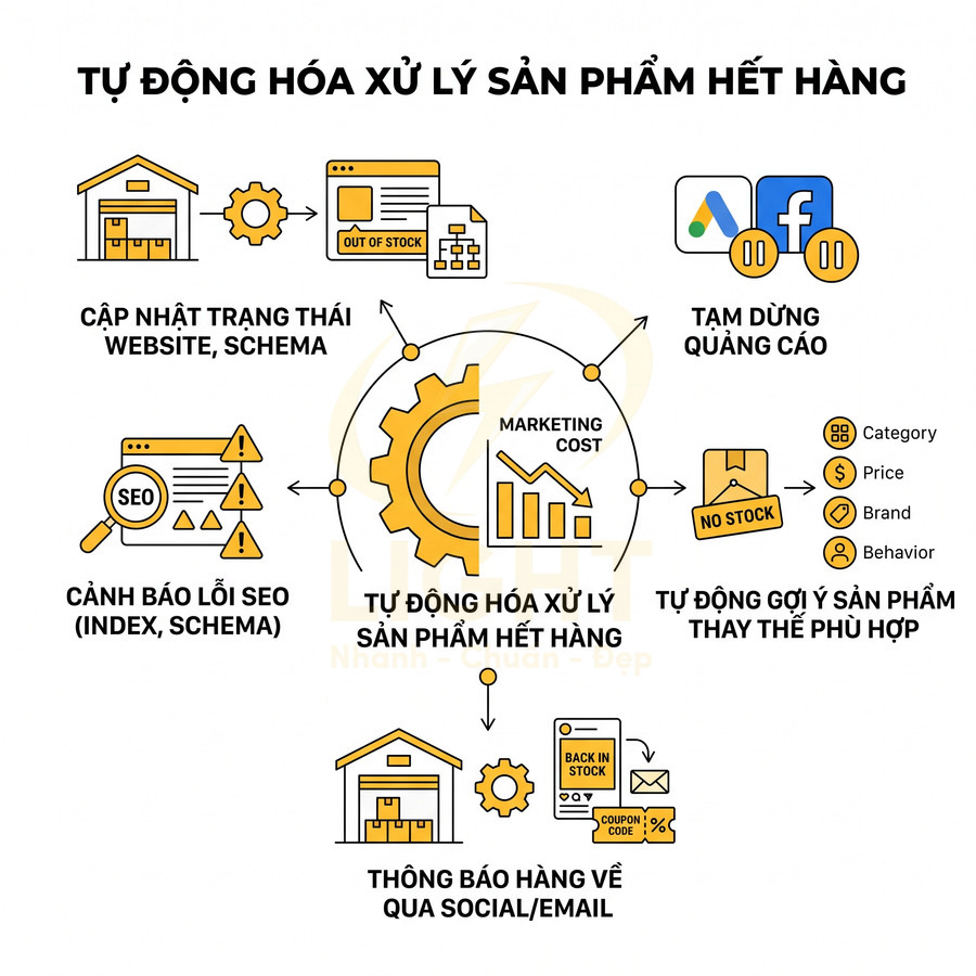 Sơ đồ quy trình tự động hóa xử lý sản phẩm hết hàng cho website bán hàng online