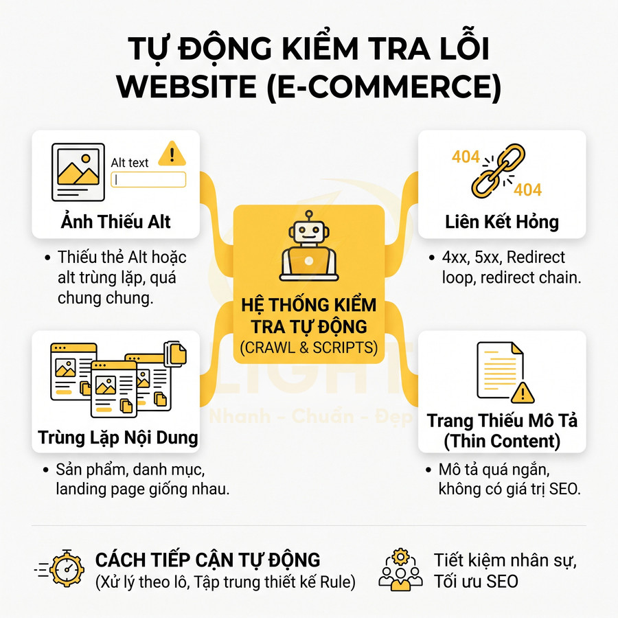 Infographic hệ thống tự động kiểm tra lỗi SEO website ecommerce như thiếu alt, liên kết hỏng, trùng lặp nội dung