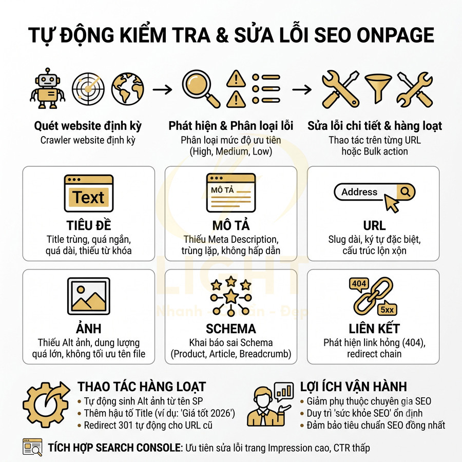 Mô tả quy trình tự động kiểm tra và sửa lỗi SEO onpage cho website với các bước và lợi ích chi tiết