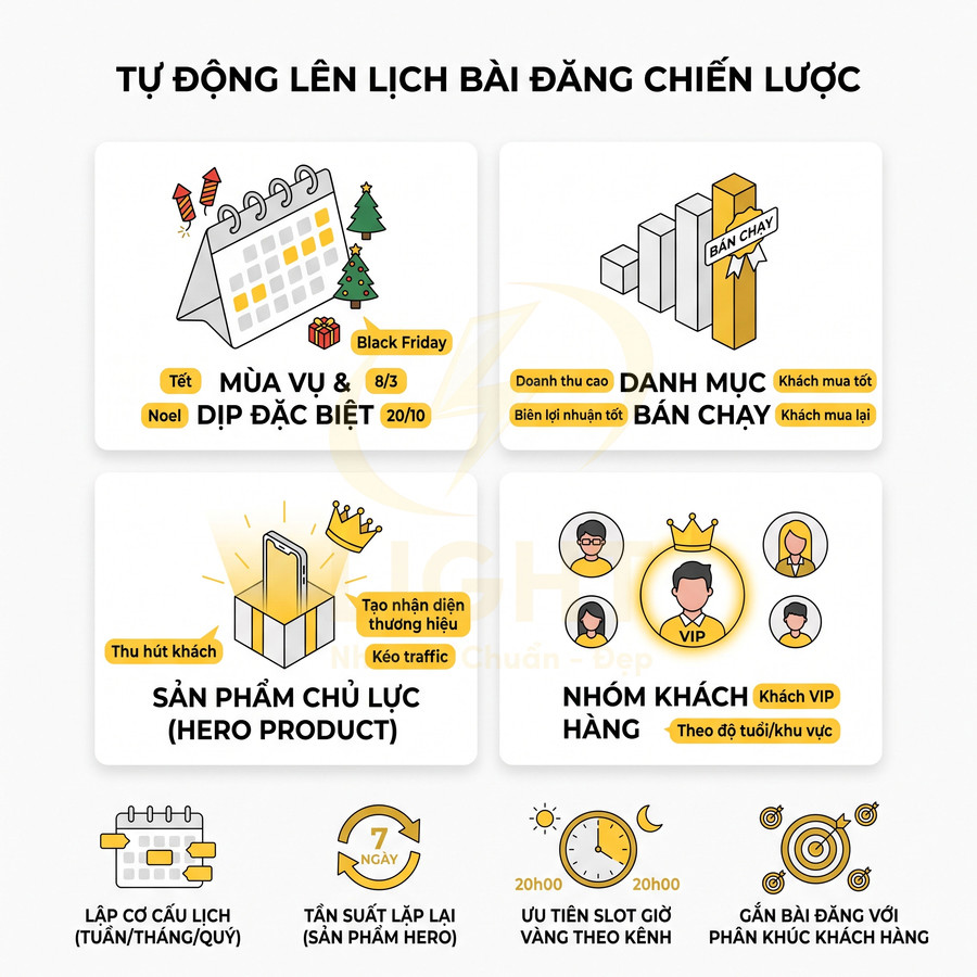 Mẫu minh họa tính năng tự động lên lịch bài đăng chiến lược theo mùa vụ, sản phẩm chủ lực và nhóm khách hàng VIP