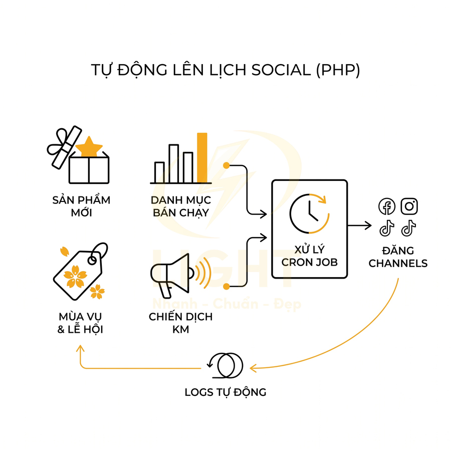 Sơ đồ tự động lên lịch đăng bài social bằng PHP cho sản phẩm mới, danh mục bán chạy và chiến dịch khuyến mãi