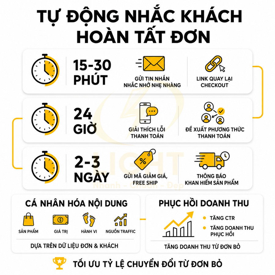 Infographic quy trình tự động nhắc khách hoàn tất đơn hàng và tối ưu tỷ lệ chuyển đổi cho shop online