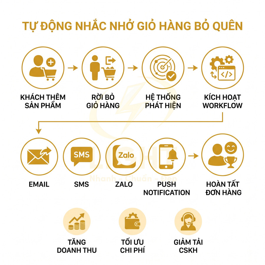 Quy trình tự động nhắc nhở giỏ hàng bỏ quên qua email SMS Zalo push giúp khách quay lại hoàn tất đơn hàng