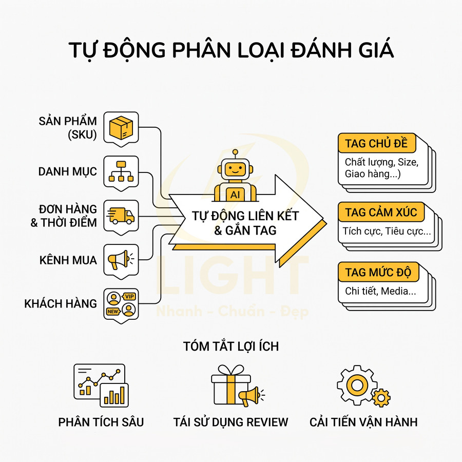 Mô tả giải pháp AI tự động phân loại đánh giá khách hàng theo sản phẩm, cảm xúc và mức độ chi tiết