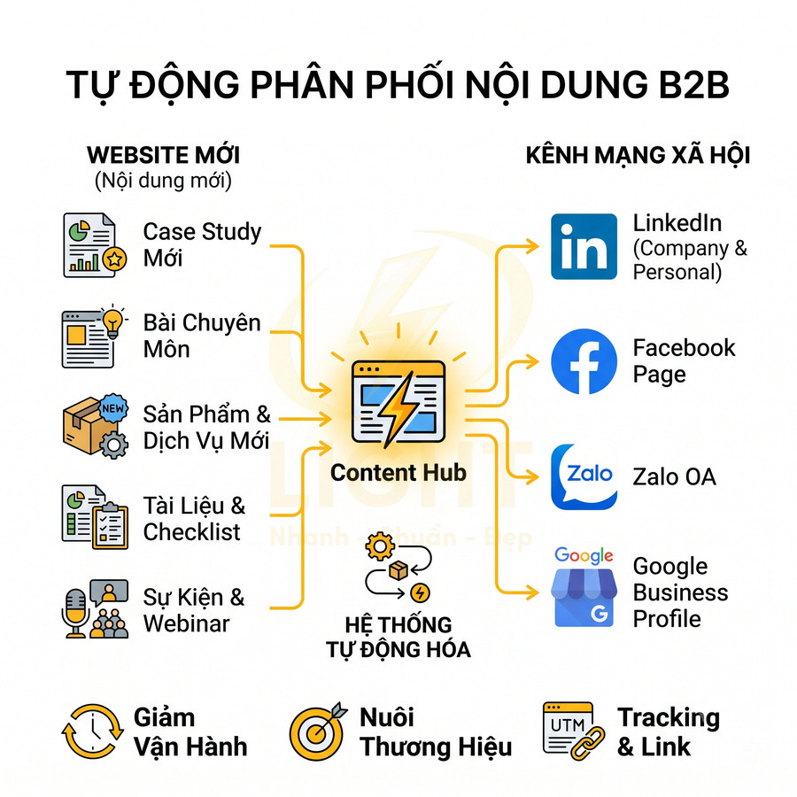 Mô hình Content Hub tự động phân phối nội dung B2B từ website mới sang các kênh mạng xã hội và hệ thống tracking