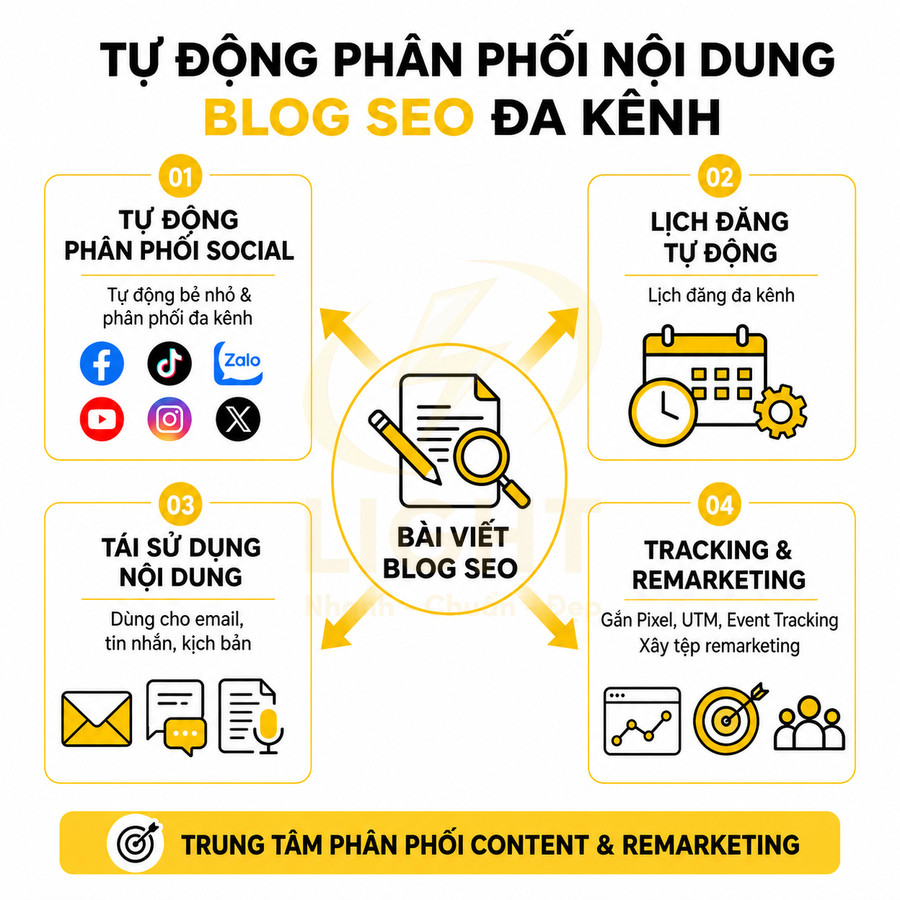 Mô hình tự động phân phối nội dung blog SEO đa kênh với social, lịch đăng, tái sử dụng nội dung và tracking remarketing