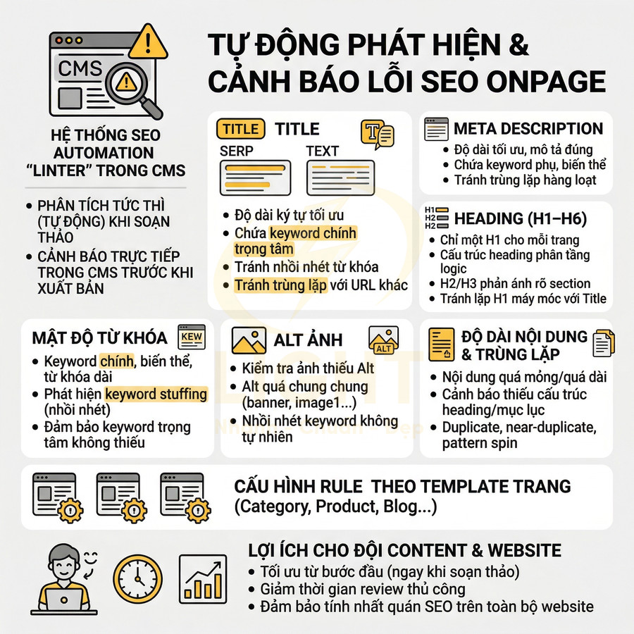 Infographic hệ thống automation SEO trong CMS tự động phát hiện và cảnh báo lỗi SEO onpage