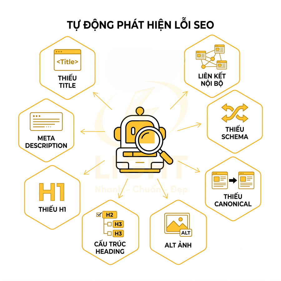 Minh họa công cụ SEO tự động phát hiện lỗi title, meta, heading, schema, canonical, liên kết nội bộ và alt ảnh