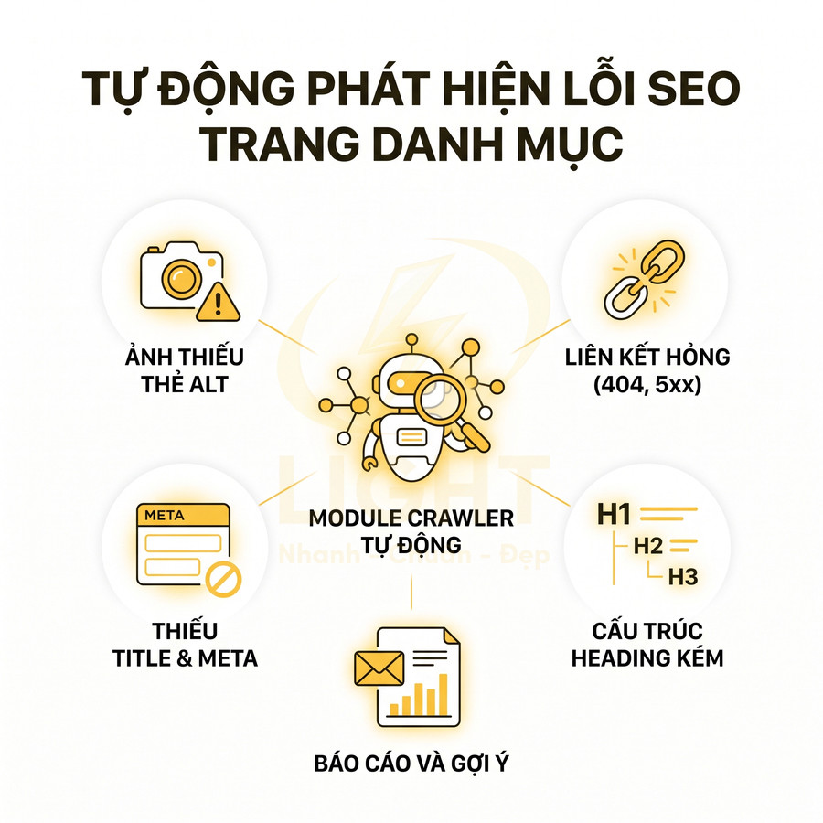 Mô tả module crawler tự động phát hiện lỗi SEO trang danh mục và báo cáo gợi ý tối ưu