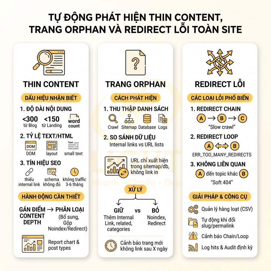 Infographic hướng dẫn phát hiện thin content, trang orphan và lỗi redirect trong tối ưu SEO toàn site