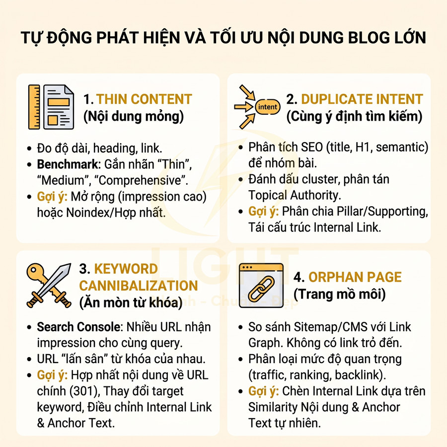 Infographic hướng dẫn phát hiện và tối ưu nội dung blog lớn với thin content, duplicate intent, keyword cannibalization, orphan page