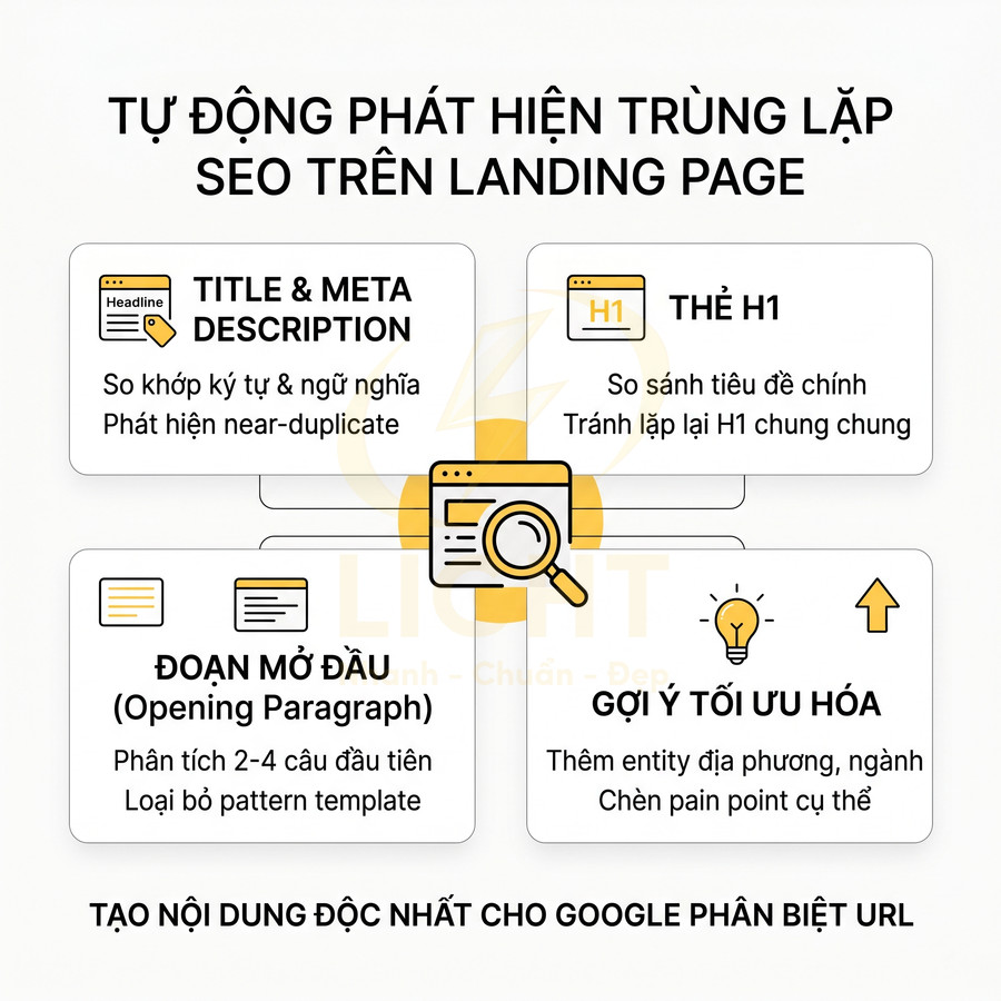Minh họa tính năng tự động phát hiện trùng lặp nội dung SEO trên landing page và gợi ý tối ưu hóa nội dung