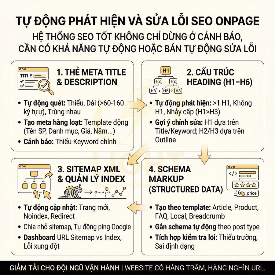 Mô tả hệ thống tự động phát hiện và sửa lỗi SEO onpage với meta title, heading, sitemap và schema markup