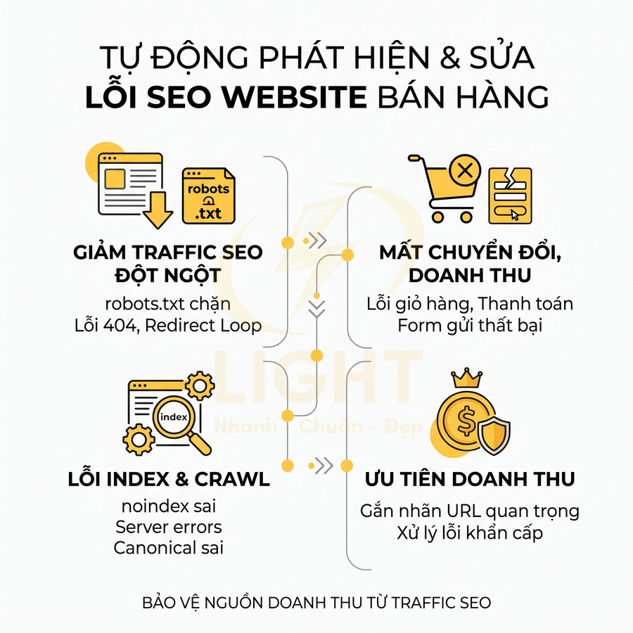 Infographic tự động phát hiện và sửa lỗi SEO website bán hàng để bảo vệ doanh thu từ traffic SEO