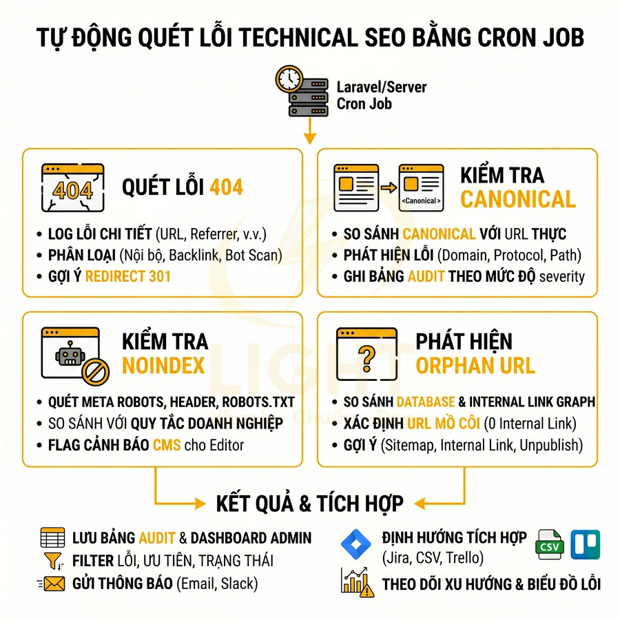 Mô tả quy trình tự động quét lỗi technical SEO bằng cron job gồm lỗi 404, canonical, noindex và orphan URL