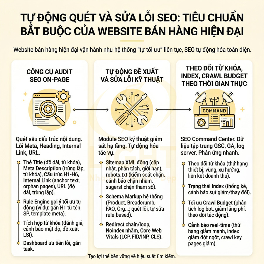 Infographic giới thiệu hệ thống tự động quét và sửa lỗi SEO onpage, kỹ thuật và theo dõi từ khóa cho website bán hàng