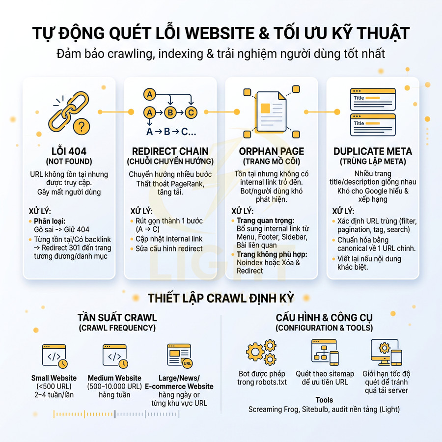 Infographic quy trình tự động quét và xử lý lỗi SEO kỹ thuật định kỳ cho website