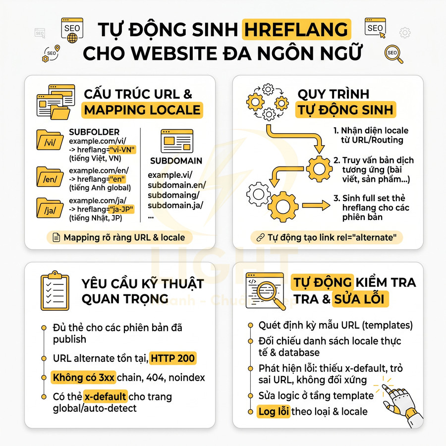 Infographic hướng dẫn tự động sinh thẻ hreflang cho website đa ngôn ngữ và kiểm tra sửa lỗi SEO
