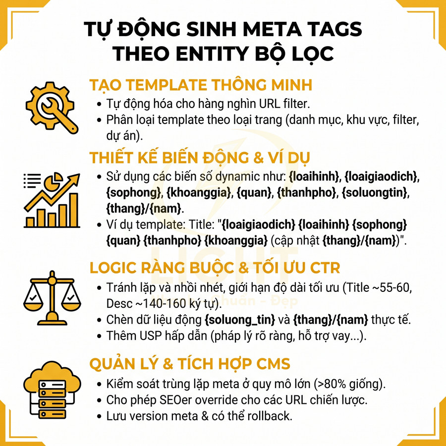 Banner giới thiệu tính năng tự động sinh meta tags theo entity bộ lọc cho website SEO