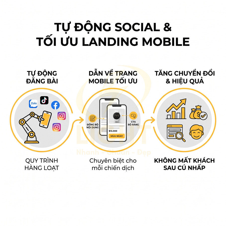 Quy trình tự động đăng bài mạng xã hội và dẫn về landing page mobile tối ưu để tăng chuyển đổi bán hàng