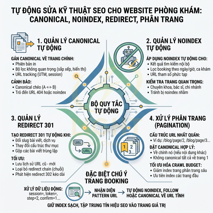 Infographic hướng dẫn tự động sửa kỹ thuật SEO cho website phòng khám với canonical, noindex, redirect và phân trang