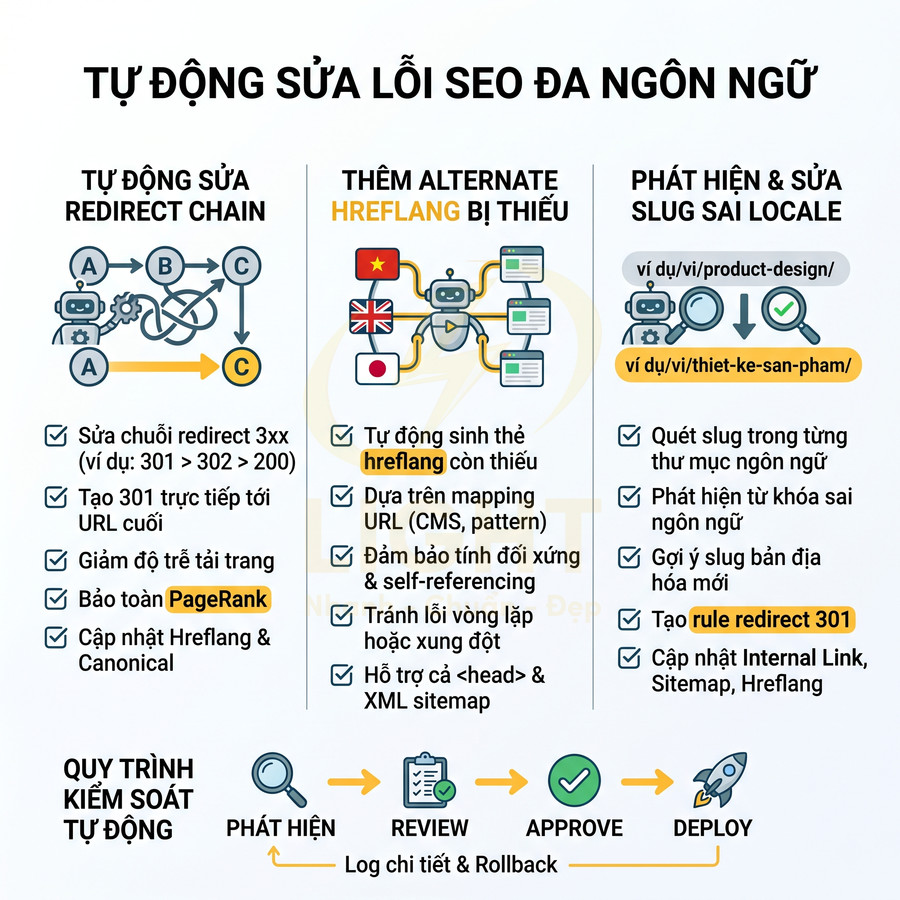 Infographic tính năng tự động sửa lỗi SEO đa ngôn ngữ: redirect chain, hreflang, slug sai locale và quy trình kiểm soát