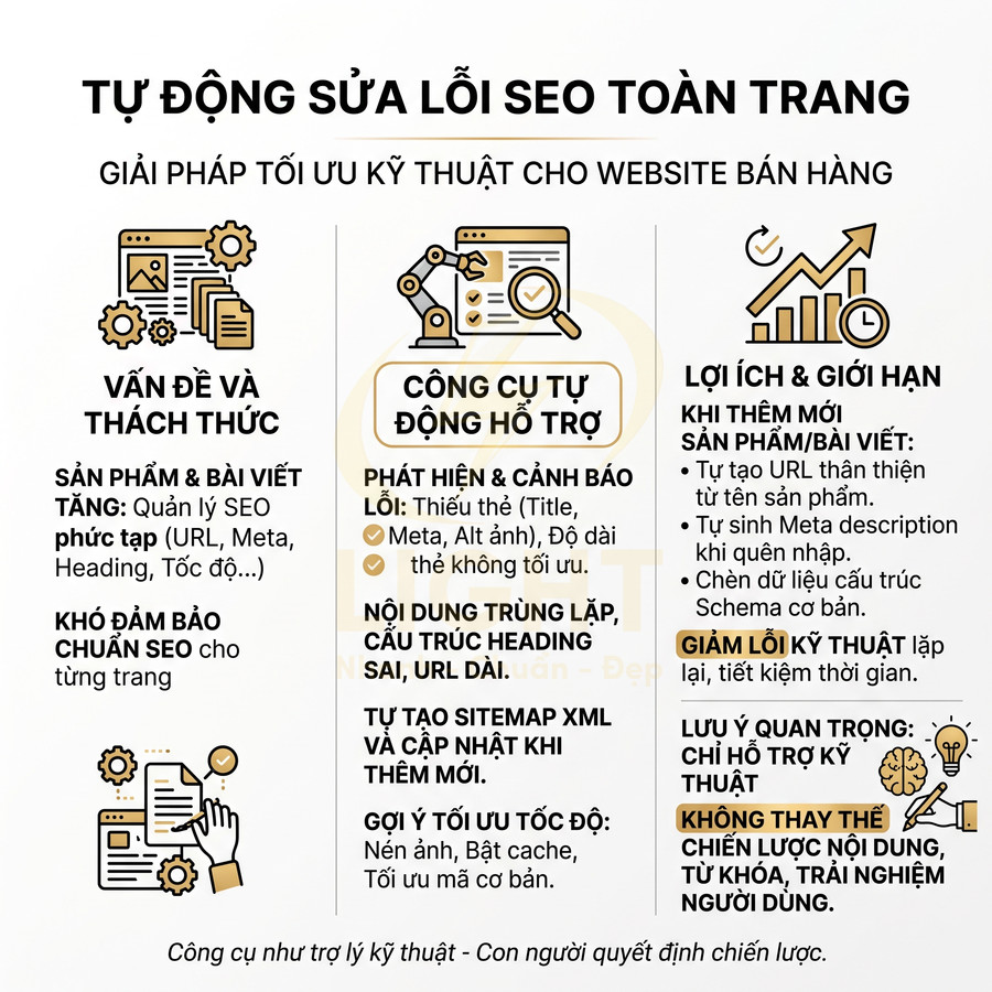 Mô tả giải pháp tự động sửa lỗi SEO toàn trang, công cụ hỗ trợ tối ưu kỹ thuật cho website bán hàng