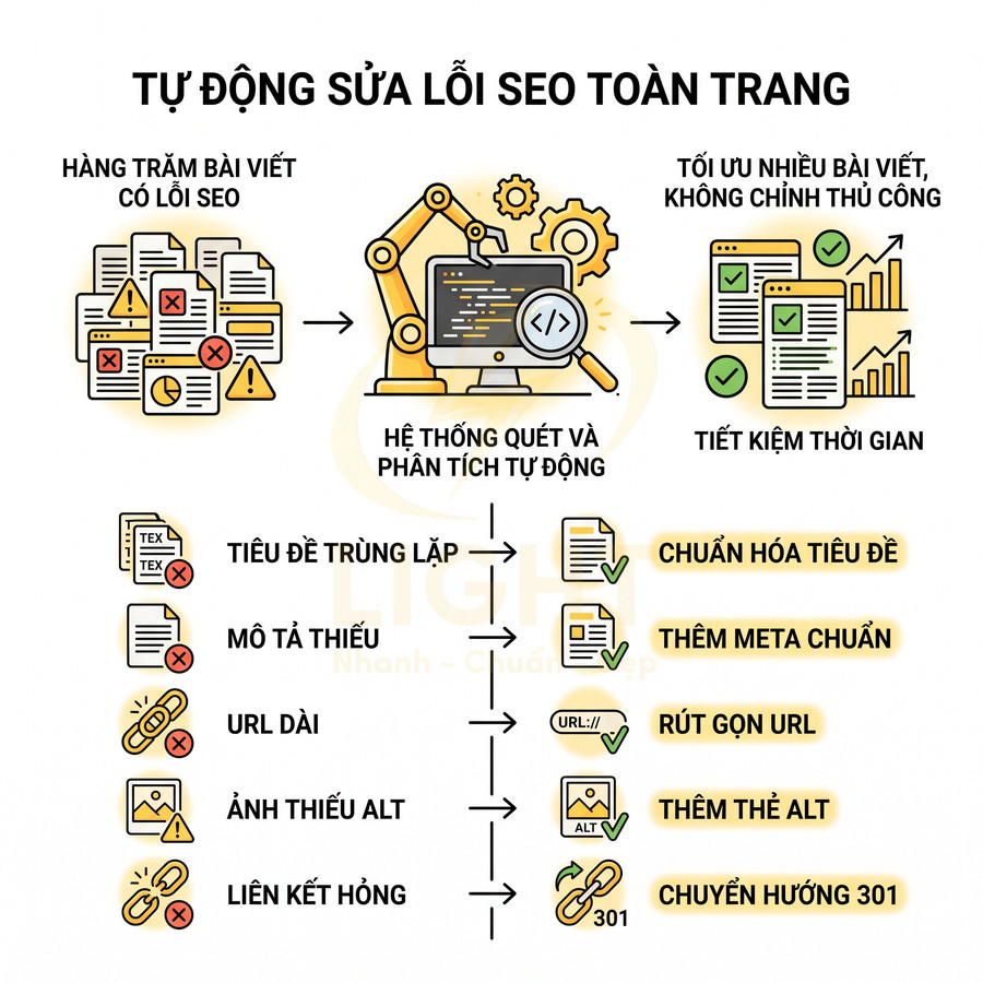 Minh họa hệ thống tự động quét và sửa lỗi SEO onpage như tiêu đề trùng lặp, thiếu mô tả, URL dài, thiếu alt, liên kết hỏng