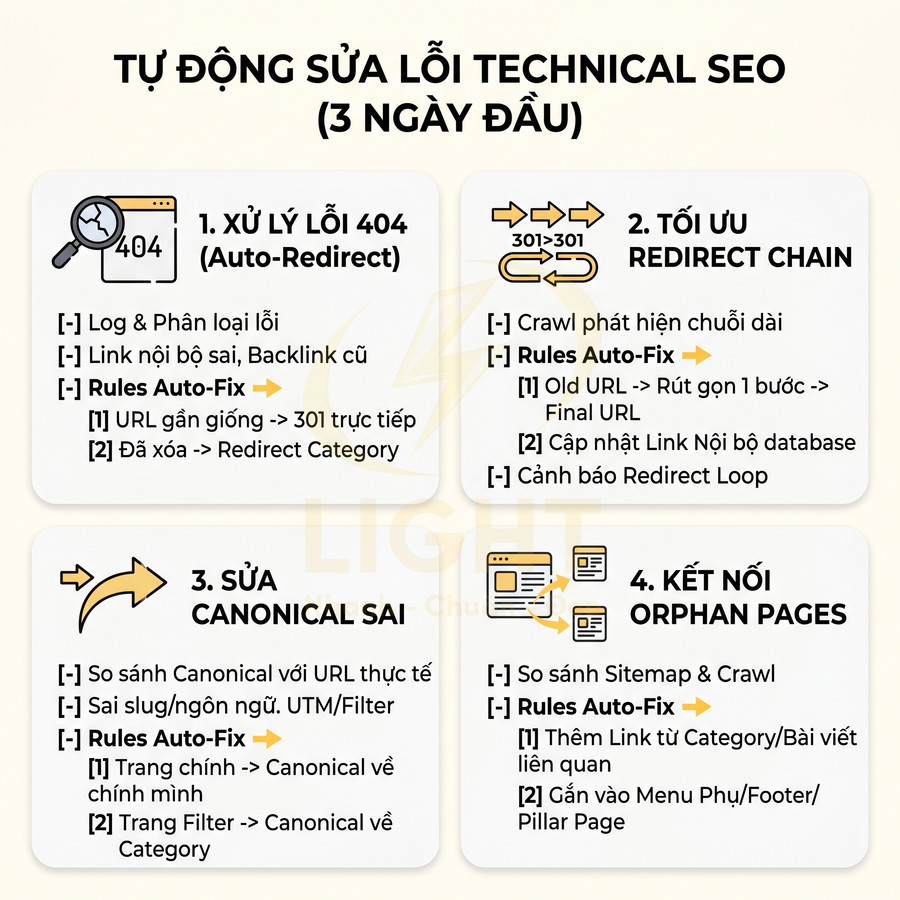 Quy trình tự động sửa lỗi technical SEO trong 3 ngày đầu với 4 bước tối ưu website