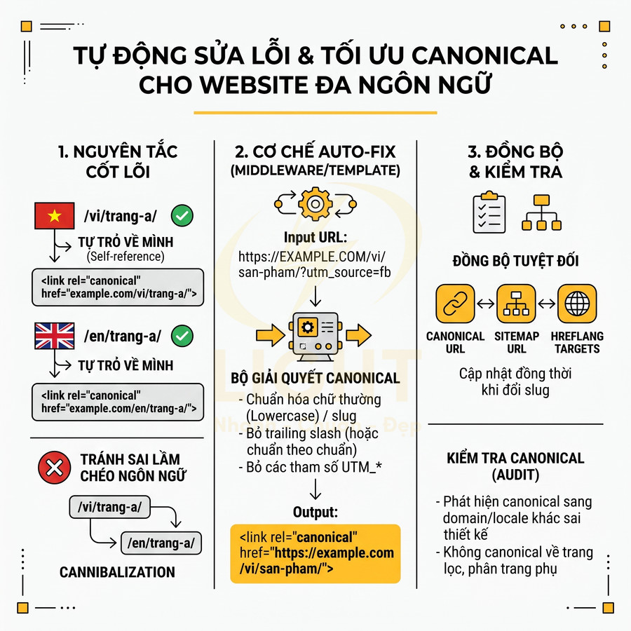 Infographic hướng dẫn tự động sửa lỗi và tối ưu thẻ canonical cho website đa ngôn ngữ