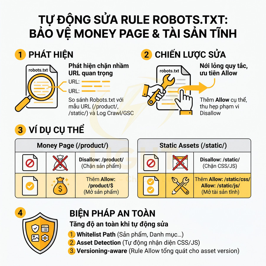Infographic hướng dẫn tự động sửa file robots.txt để bảo vệ money page và tài sản tĩnh trên website SEO
