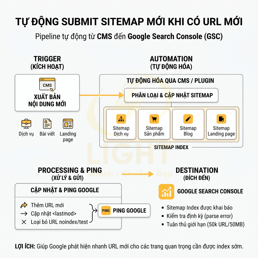 Sơ đồ quy trình tự động submit sitemap mới từ CMS lên Google Search Console để index URL nhanh