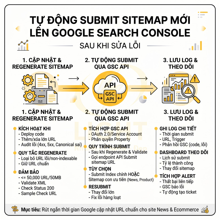 Quy trình tự động cập nhật và submit sitemap mới lên Google Search Console bằng GSC API và lưu log theo dõi