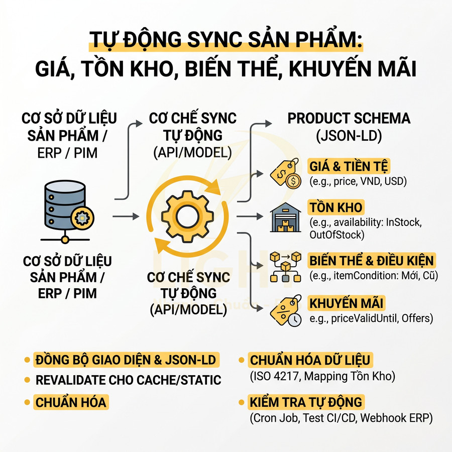 Sơ đồ giải pháp tự động đồng bộ sản phẩm giữa cơ sở dữ liệu ERP PIM và product schema JSON LD