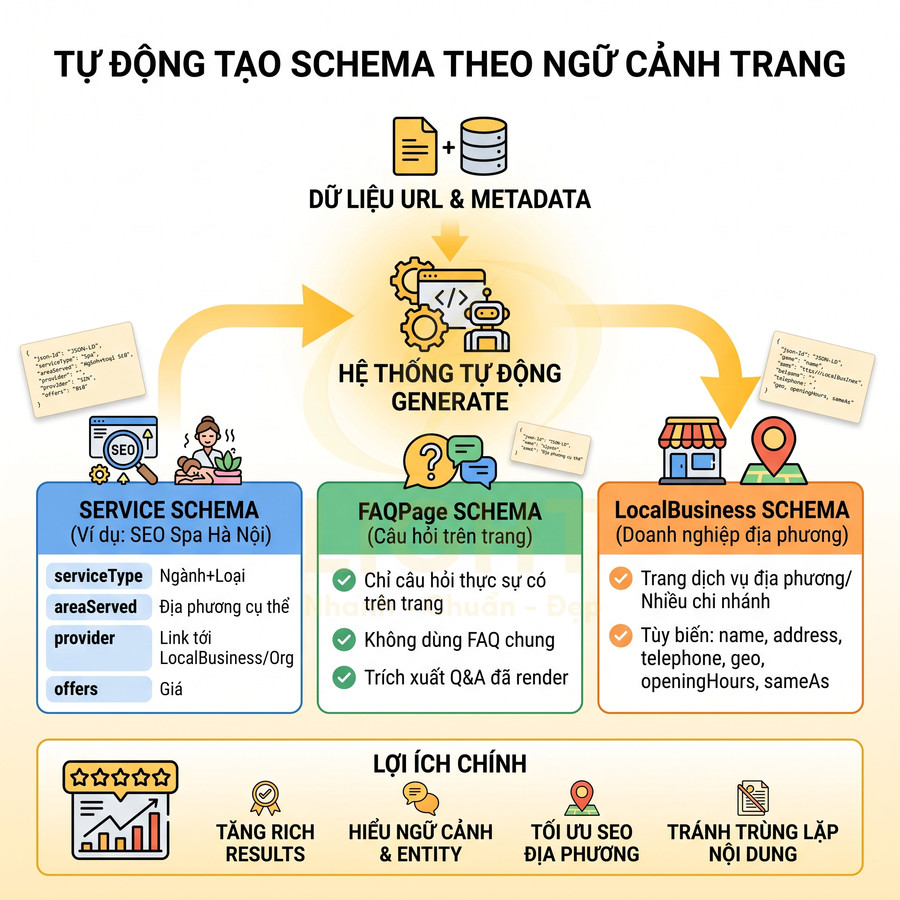 Minh họa hệ thống tự động tạo schema Service, FAQPage, LocalBusiness từ dữ liệu URL và metadata để tối ưu SEO