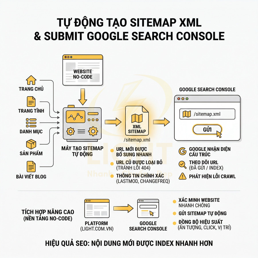 Minh họa quy trình tự động tạo sitemap XML và gửi lên Google Search Console để index website nhanh hơn