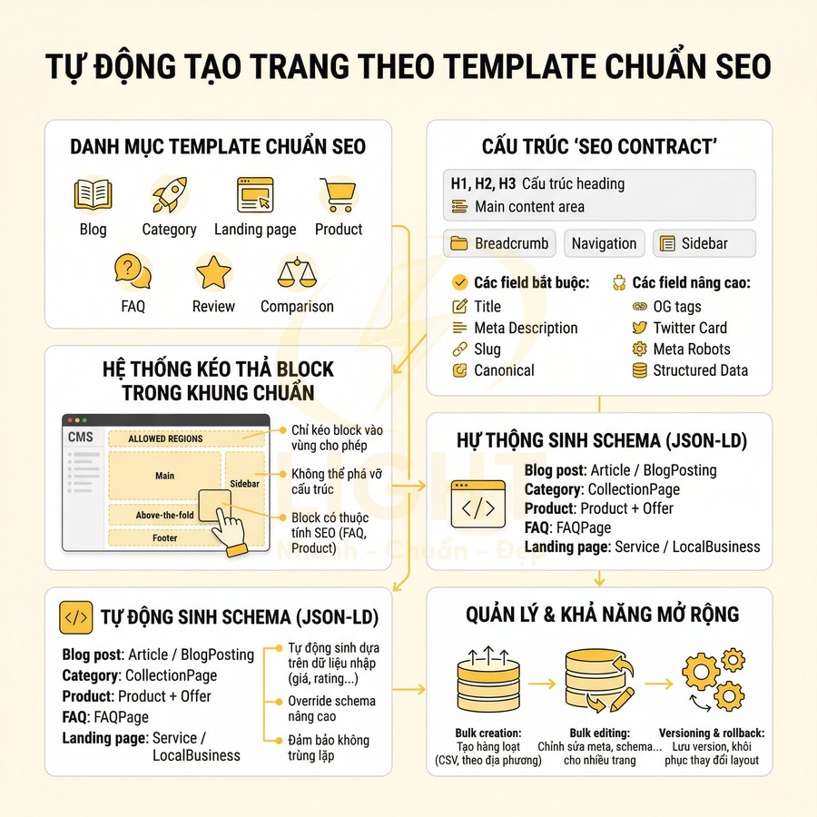 Mô tả tính năng tự động tạo trang theo template chuẩn SEO với kéo thả block và sinh schema JSON LD