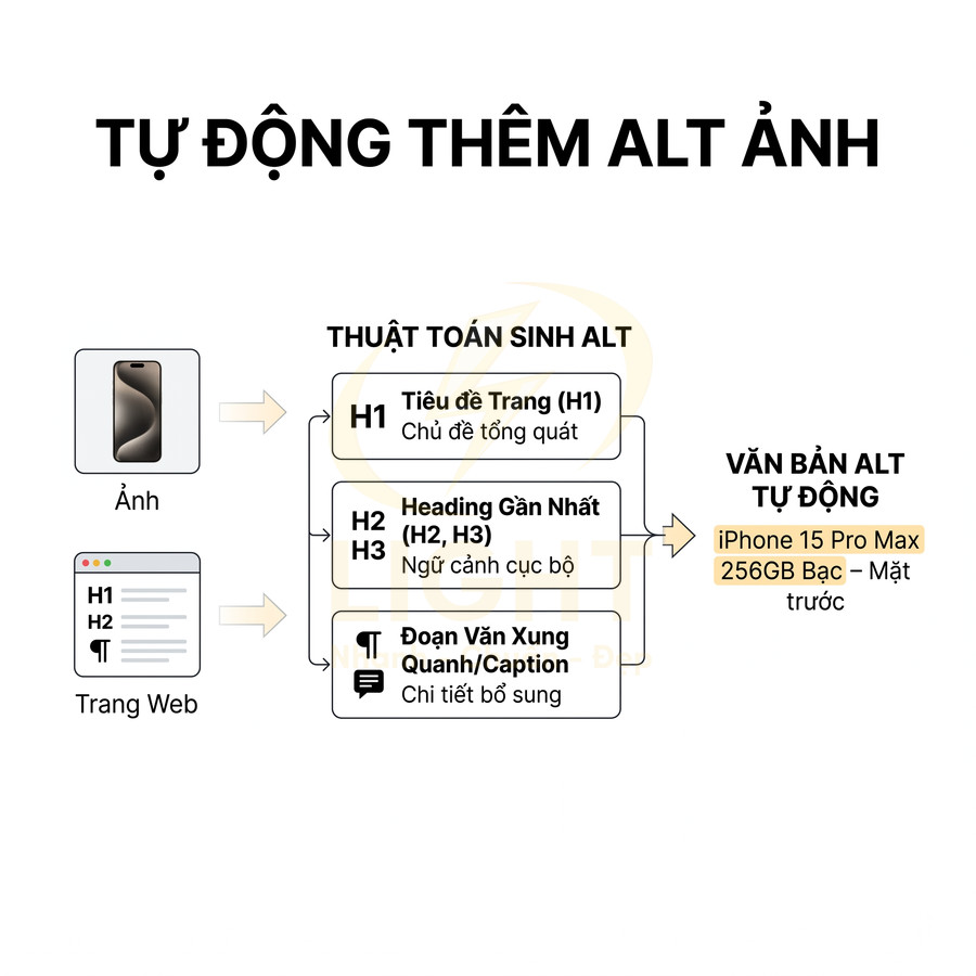 Minh họa quy trình tự động tạo thẻ alt ảnh cho sản phẩm iPhone 15 Pro Max trên trang web