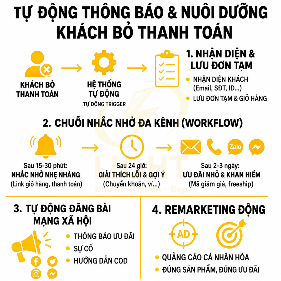 Quy trình tự động nhắc nhở khách bỏ thanh toán và remarketing đa kênh cho cửa hàng online