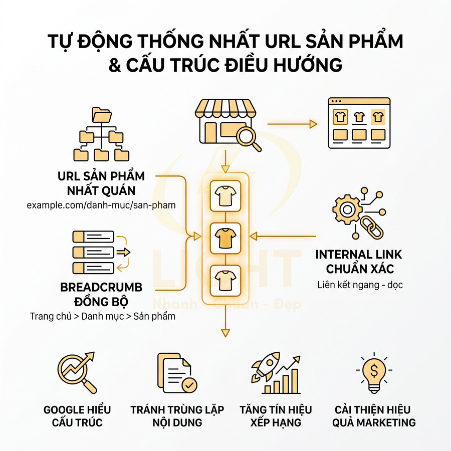 Mô tả lợi ích tự động thống nhất URL sản phẩm và cấu trúc điều hướng cho website bán áo thun