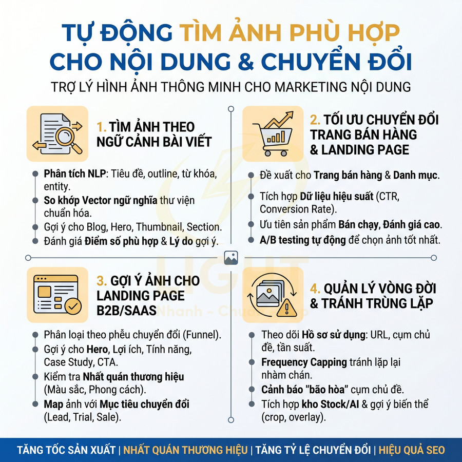 Giải pháp trợ lý hình ảnh AI tự động gợi ý và tối ưu hình minh họa cho nội dung marketing, landing page và bán hàng
